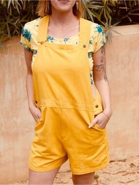ZIG ZAG Mustard Yellow Cotton Short Overalls, pockets in S/M and M/L sizes NWT